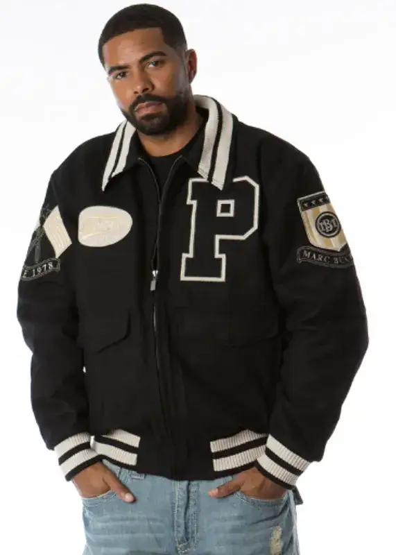 Pelle Pelle Marc Buchanan Black Varsity Jacket, pellepelle.us