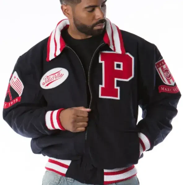 Pelle Pelle Marc Buchanan Black and Red Varsity Jacket, pellepelle.us