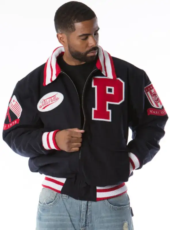 Pelle Pelle Marc Buchanan Black and Red Varsity Jacket, pellepelle.us