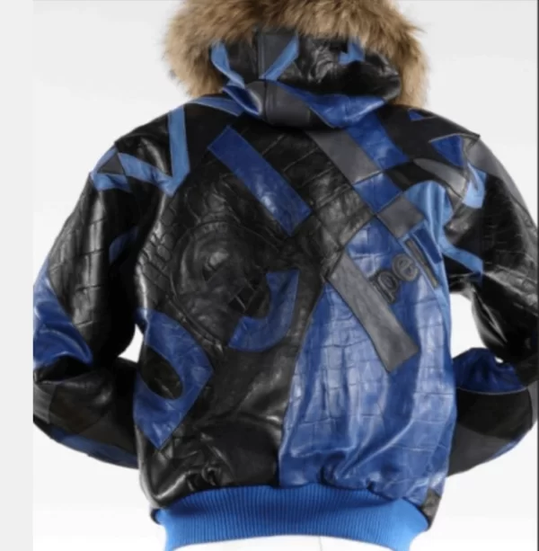 Pelle Pelle Mens Abstract Fur Hooded Blue Jacket, pellepelle.us