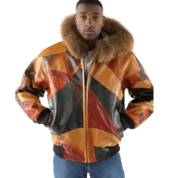 Pelle Pelle Mens Abstract Fur Hooded Brown Jacket, pellepelle.us