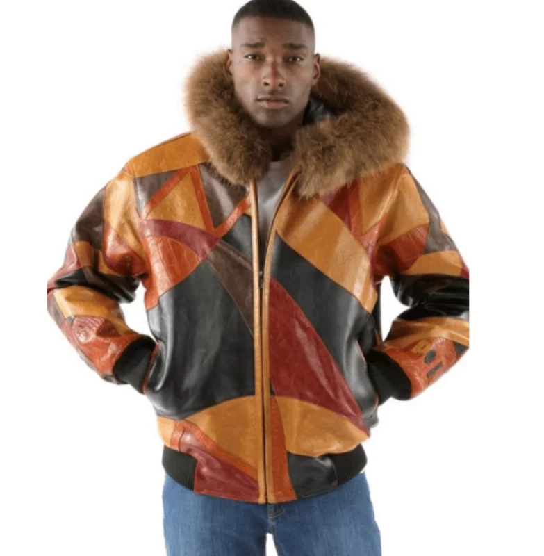 Pelle Pelle Mens Abstract Fur Hooded Brown Jacket, pellepelle.us