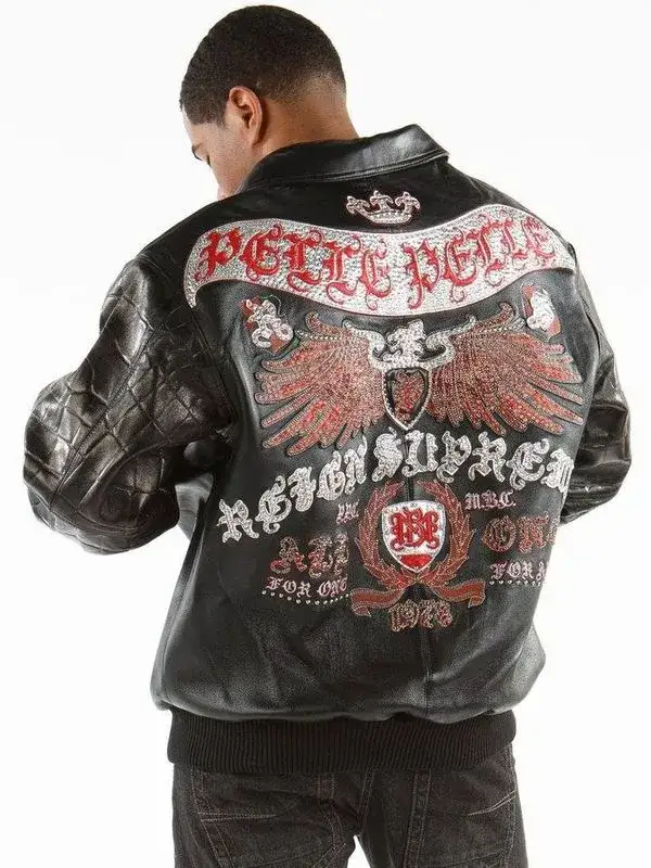 Pelle Pelle Mens All For One One For All Black Leather Jacket, pellepelle.us