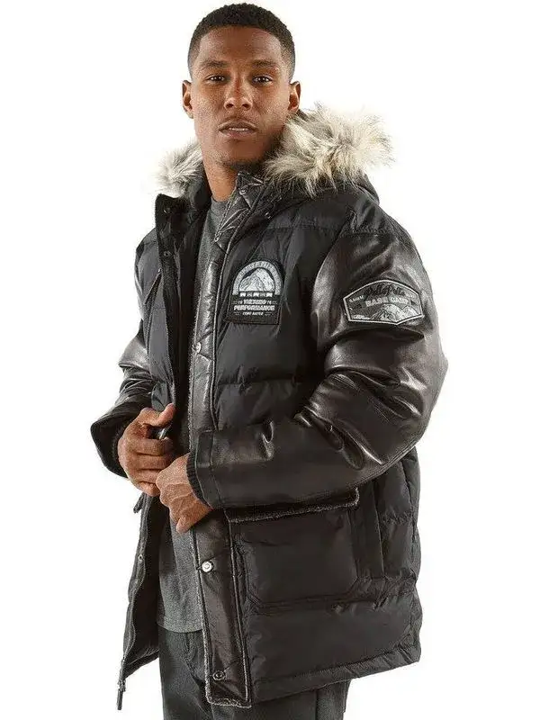 Pelle Pelle Mens Black Puffer Long Fur Hooded Coat, pellepelle.us