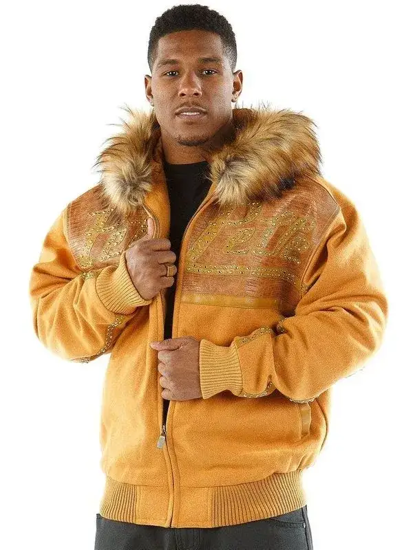 Pelle Pelle Mens Brown Fur Hooded Wool Jacket,pellepelle.us