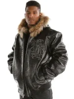 Pelle Pelle Mens Crocodile Skin Fur Hooded Black Leather Jacket, pellepelle.us