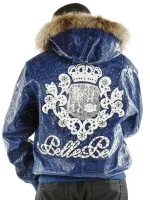 Pelle Pelle Mens Crocodile Skin Fur Hooded Blue Leather Jacket, pellepelle.us