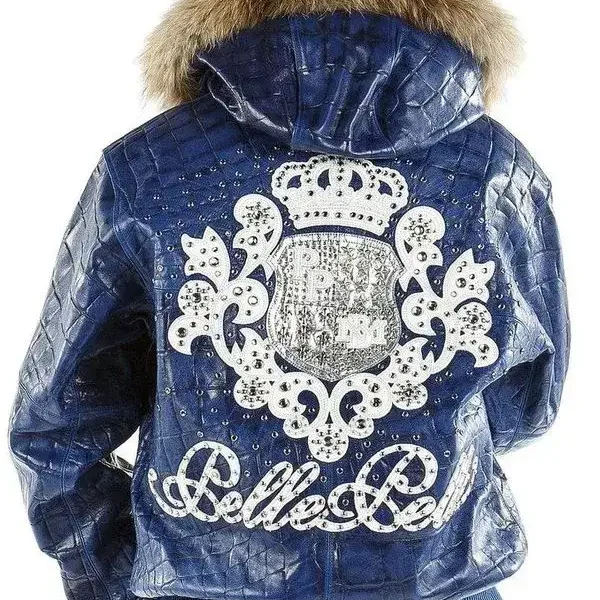 Pelle Pelle Mens Crocodile Skin Fur Hooded Blue Leather Jacket, pellepelle.us