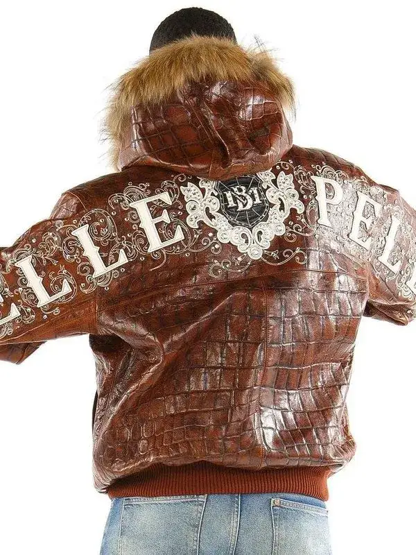 Pelle Pelle Mens Crocodile Skin Fur Hooded Brown Leather Jacket, pellepelle.us