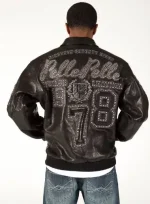 Pelle Pelle Mens Encrusted Varsity Brown Luster Jacket, pellepelle.us