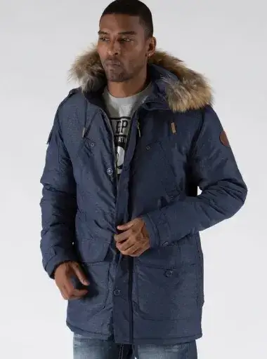 Pelle Pelle Mens Fur Hooded Snorkel Denim Blue Long Coat, pellepelle.us