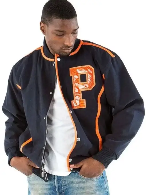 Pelle Pelle Mens Letterman Bomber Navy Blue Varsity Jackets, pellepelle.us