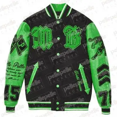 Pelle Pelle Black And Green Varsity Jacket, pellepelle.us