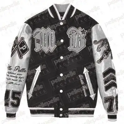 Pelle Pelle New Varsity Black and Silver Plush Jacket pellepelle.us