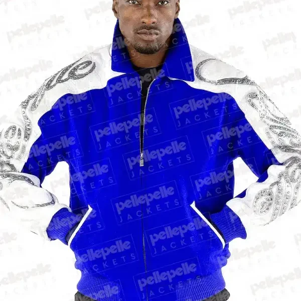 Pelle Pelle Men Blue Scripted Wool Jacket, pellepelle.us