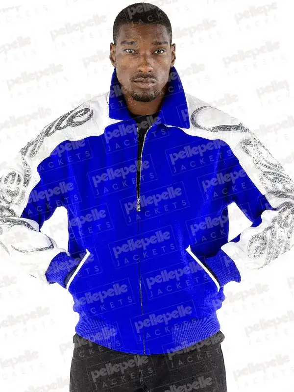 Pelle Pelle Men Blue Scripted Wool Jacket, pellepelle.us