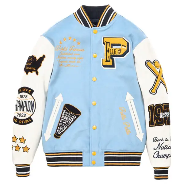 Pelle Pelle Sky Blue And White Varsity Jacket, pellepelle.us