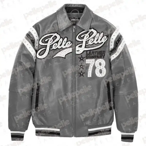 Pelle Pelle Encrusted Grey Leather Varsity Jacket, pellepelle.us