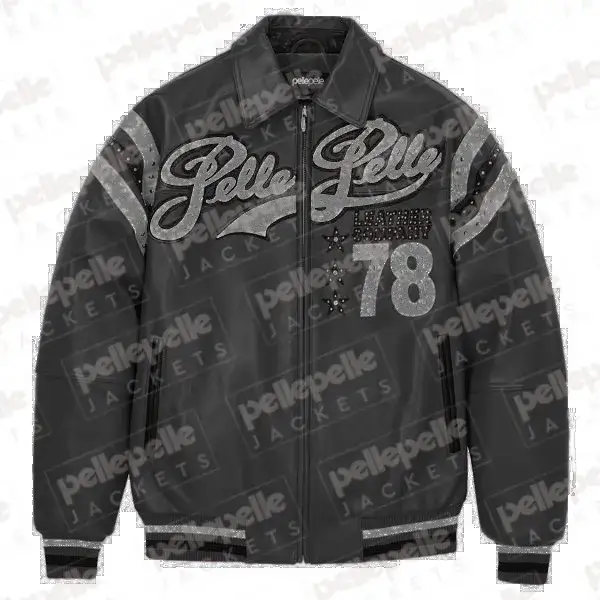 Pelle Pelle Black Encrusted Leather Varsity Jacket , pellepelle.us