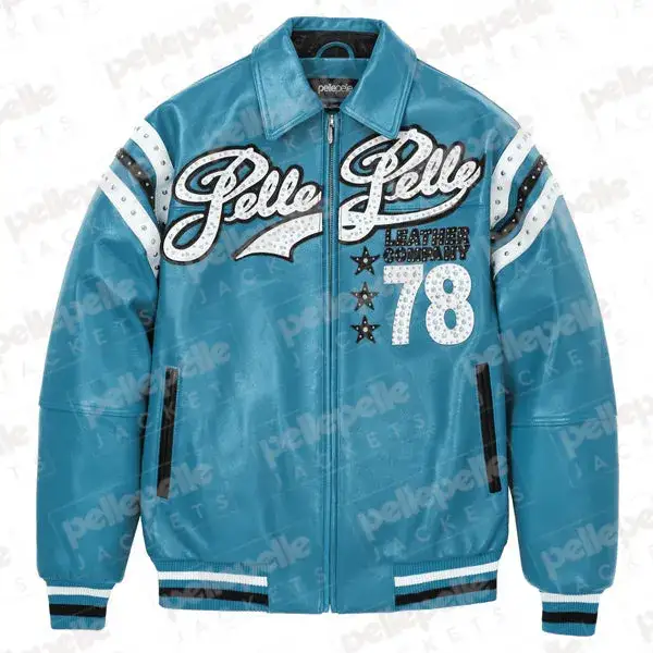 Pelle Pelle Turquoise Encrusted Leather Varsity Jacket, pellepelle.us