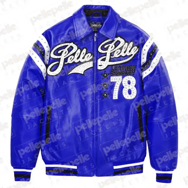 Pelle Pelle Blue Encrusted Varsity Plush Jacket, pellepelle.us