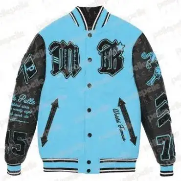 Pelle Pelle New Varsity Turquoise and Black Plush Jacket pellepelle.us