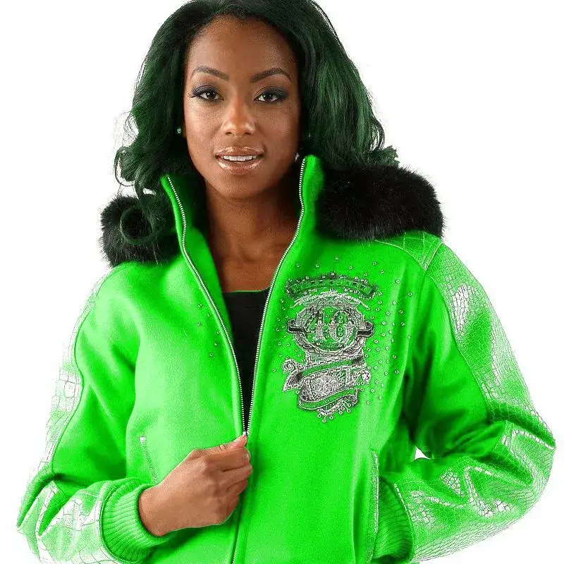 Pelle Pelle Womens 40th Anniversary Light Green Fur Hooded Jacket, pellepelle.us