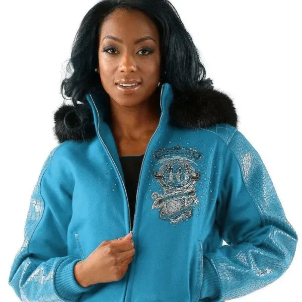 Pelle Pelle Turquoise Fur Hood Wool Jacket, pellepelle.us