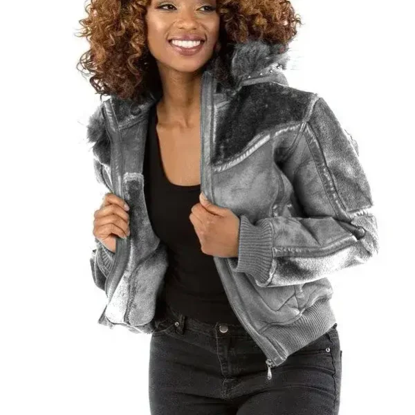 Pelle Pelle Womens Gray Fur Hooded Bomber Jacket, pellepelle.us