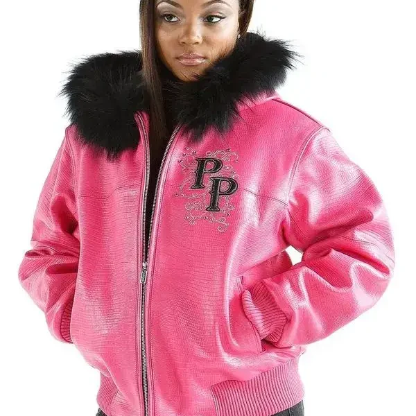 Pelle Pelle Womens Fur Hooded Pink Leather Jacket, pellepelle.us