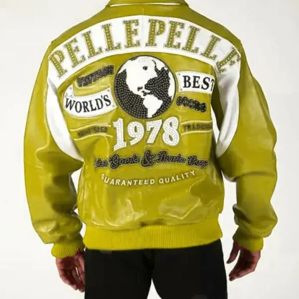 Pelle Pelle Yellow White Worlds Best 1978 Studded Jacket, pellepelle.us