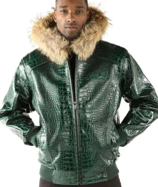 Pelle Pelle Basic Nile Green Two Tone Cayman Leather Jacket, pellepelle.us