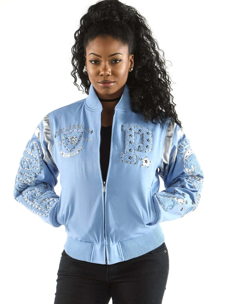 Pelle Pelle Ladies Eclipse Varsity Sky Blue Jacket, pellepelle.us