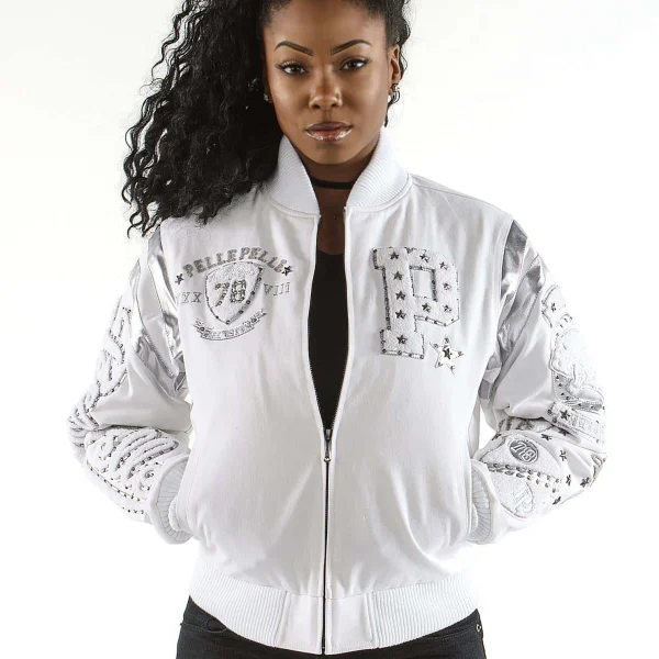 Pelle Pelle Ladies Eclipse Varsity White Jacket, pellepelle.us