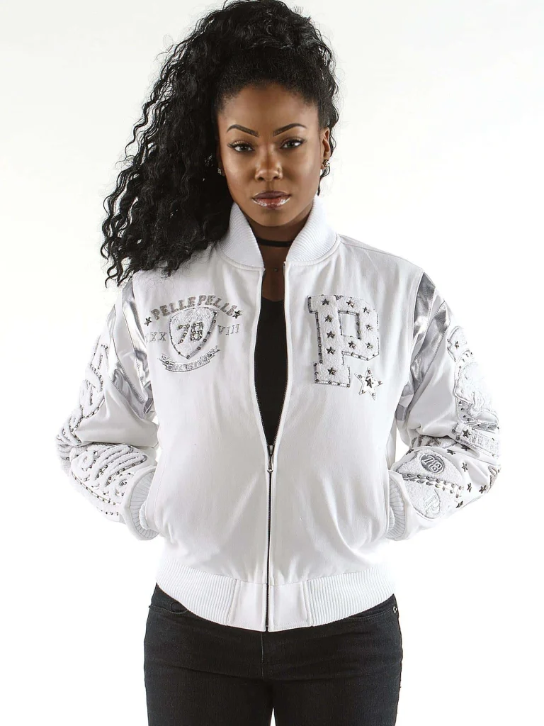 Pelle Pelle Ladies Eclipse Varsity White Jacket, pellepelle.us